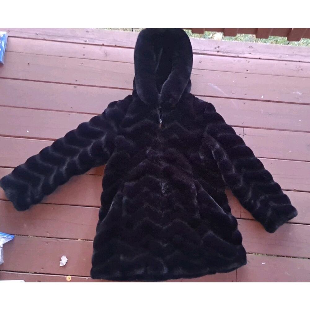 Liz Claiborne Faux Fur Black Collared Full Zip Jacket Pockets Size Large